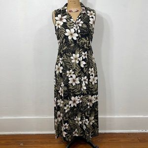 Bahama Beach long sleeveless dress, button front, v-neck, waist ties in the back